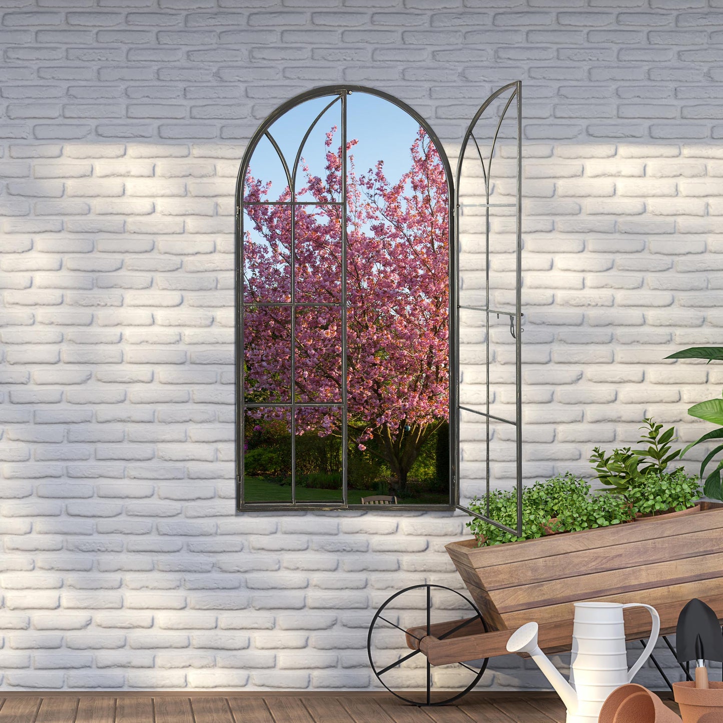 Summer View Metal Arch shaped Opening WIndow Garden Mirror 160cm X 85cm
