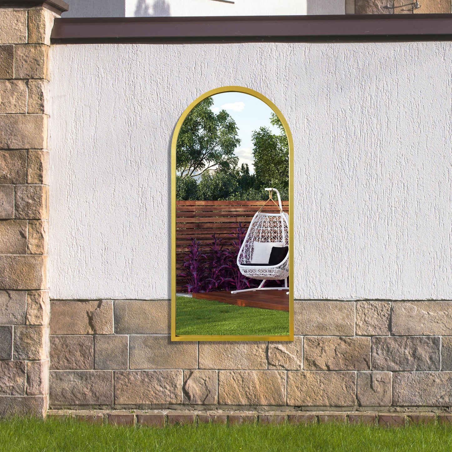 The Perry - Gold Metal Framed Arched Garden Wall Mirror 47 X 23.5 (120CM X 60CM)