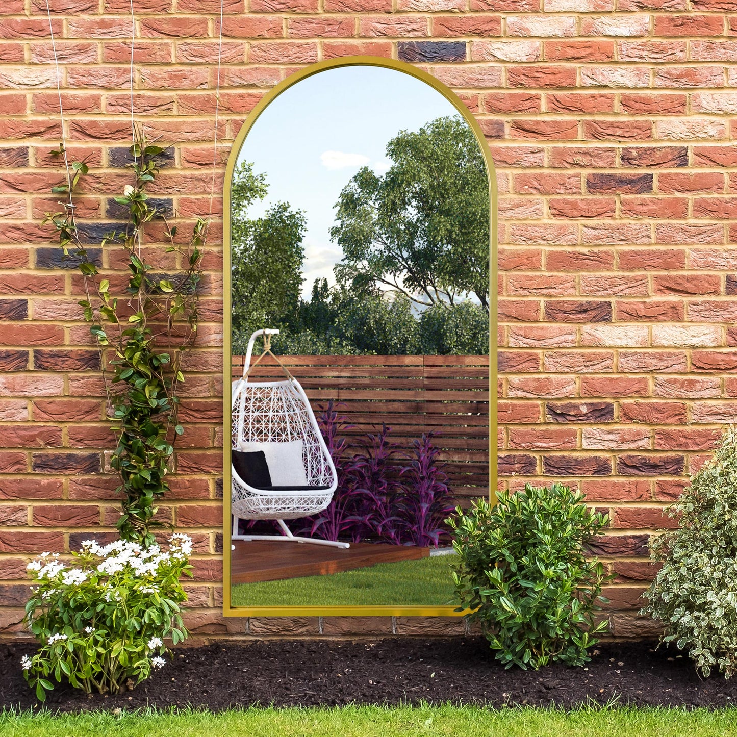 The Perry - Gold Metal Framed Arched Garden Wall Mirror 63 X 31 (160CM X 80CM)