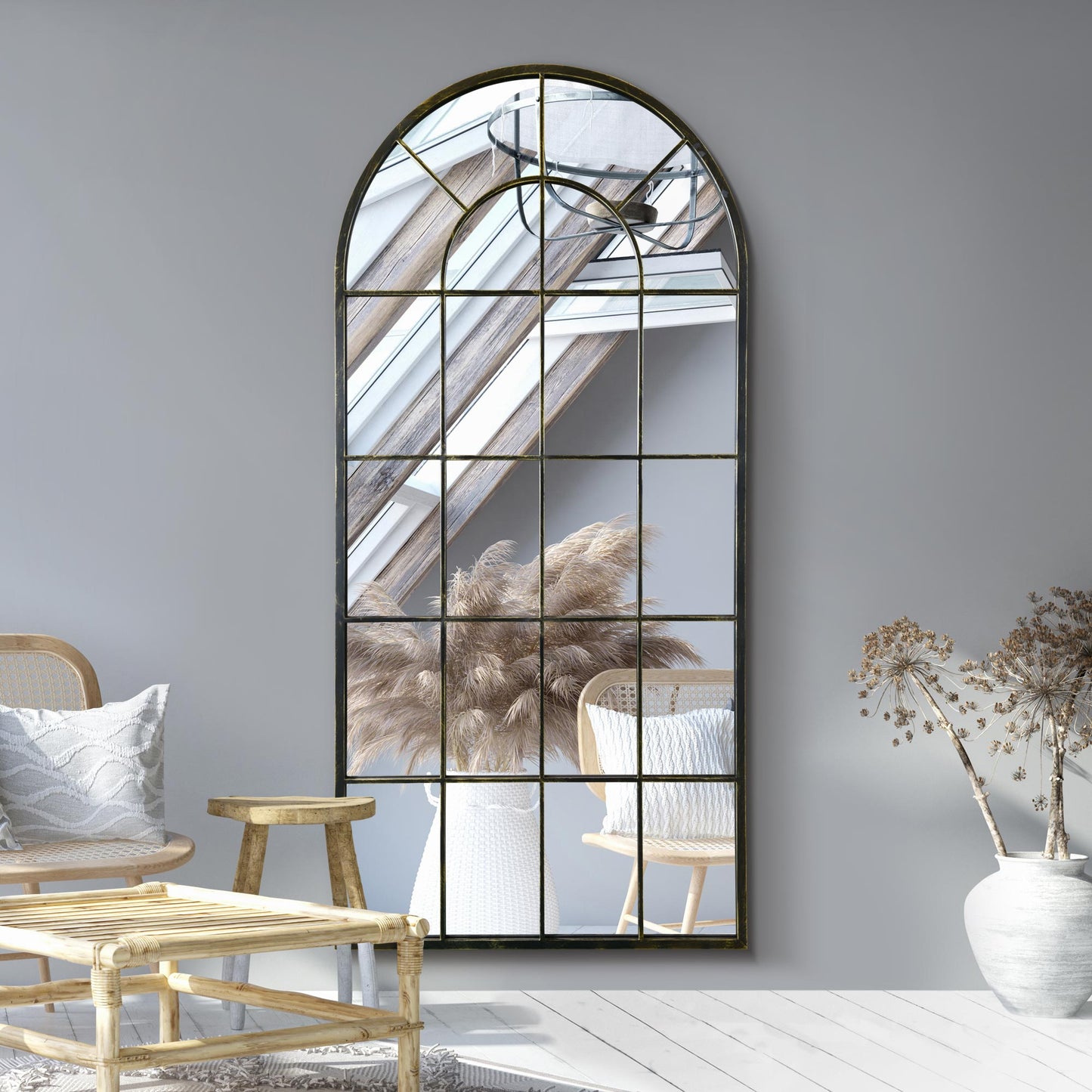 The Perry - Antique Black Framed Arched Window Leaner/Wall Mirror 71 X 33.5 (180x85CM)