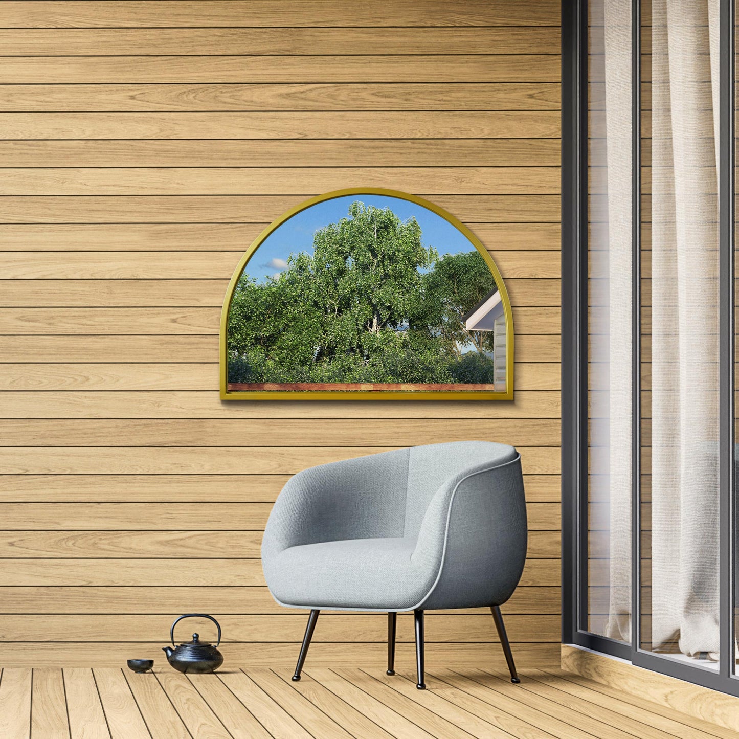 The Perry - Gold Metal Framed Arched Garden Wall Mirror 49 X 35 (125CM X 90CM)