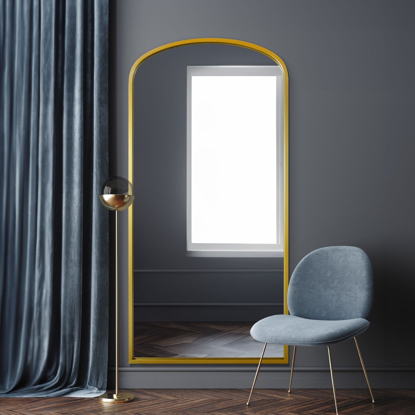 The Olive - Gold Metal Framed Arched Wall Leaner Mirror 67x33 (170x85CM)
