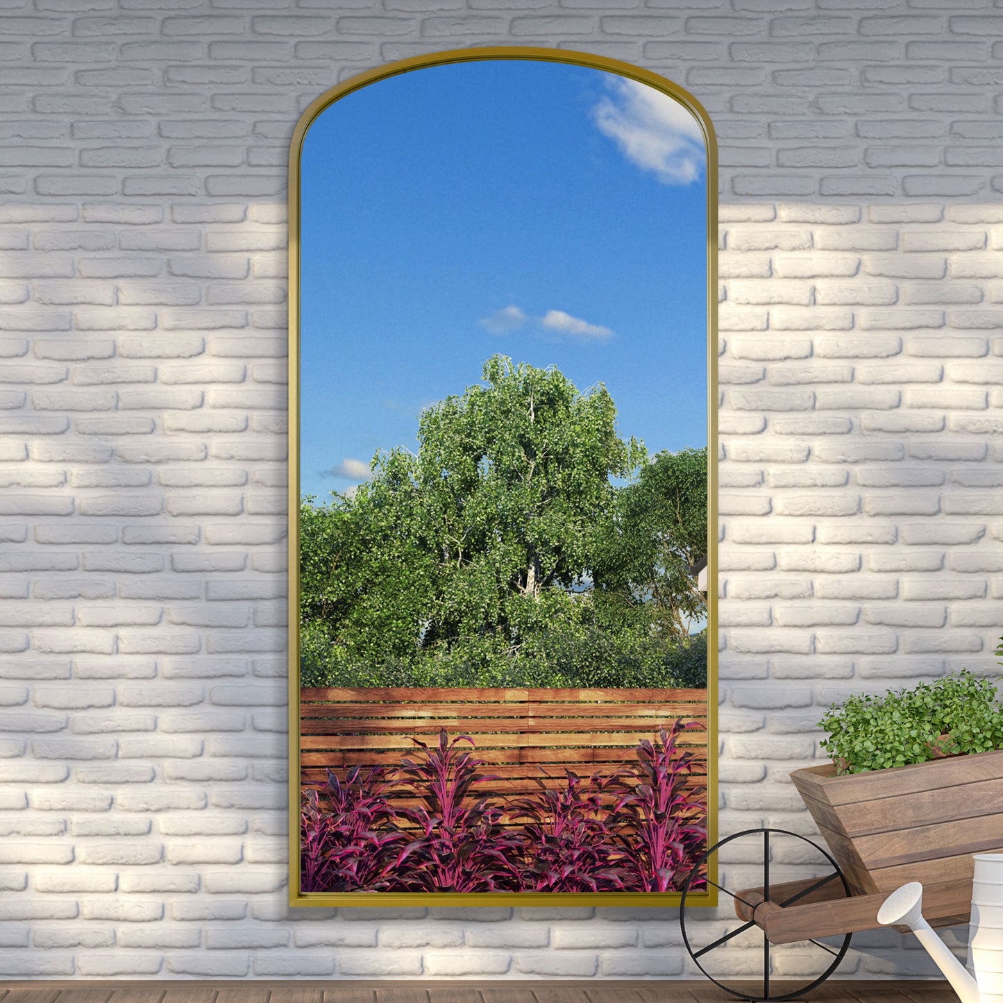 The Olive - Gold Metal Framed Arched Garden Wall Mirror 79x39 (200x100CM)