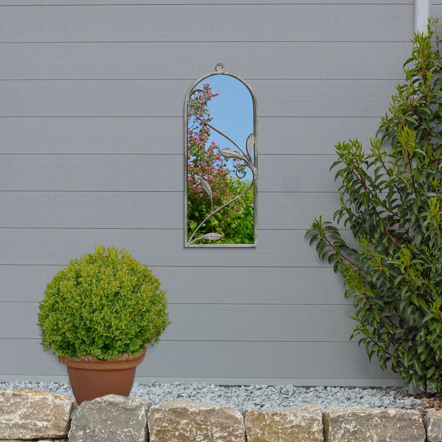 The Perry - Concrete Colour Metal Frame Arched Garden Mirror 25 x 9 64 x 24CM