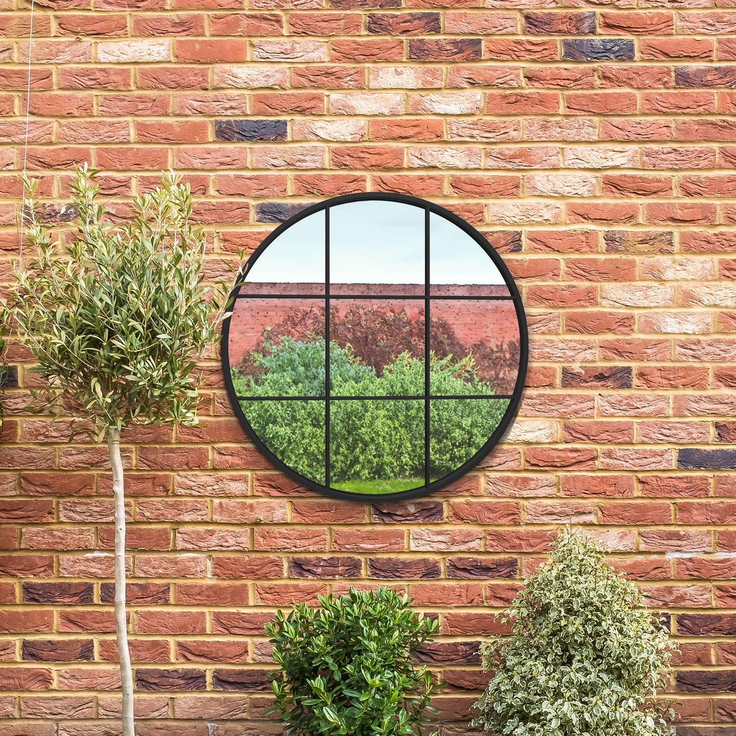 The Alora - Black Metal Frame Round Window Garden Wall Mirror 31x31 80x80CM
