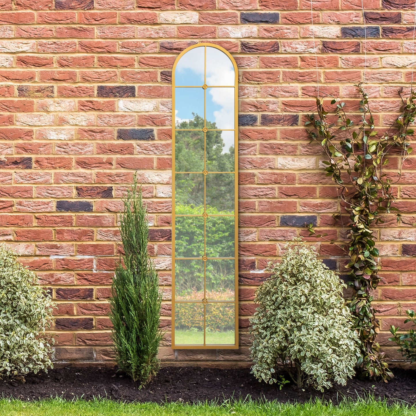 The Perry - Gold Framed Arched Leaner Garden Wall Mirror 75 X 16 (190CM X 40CM)