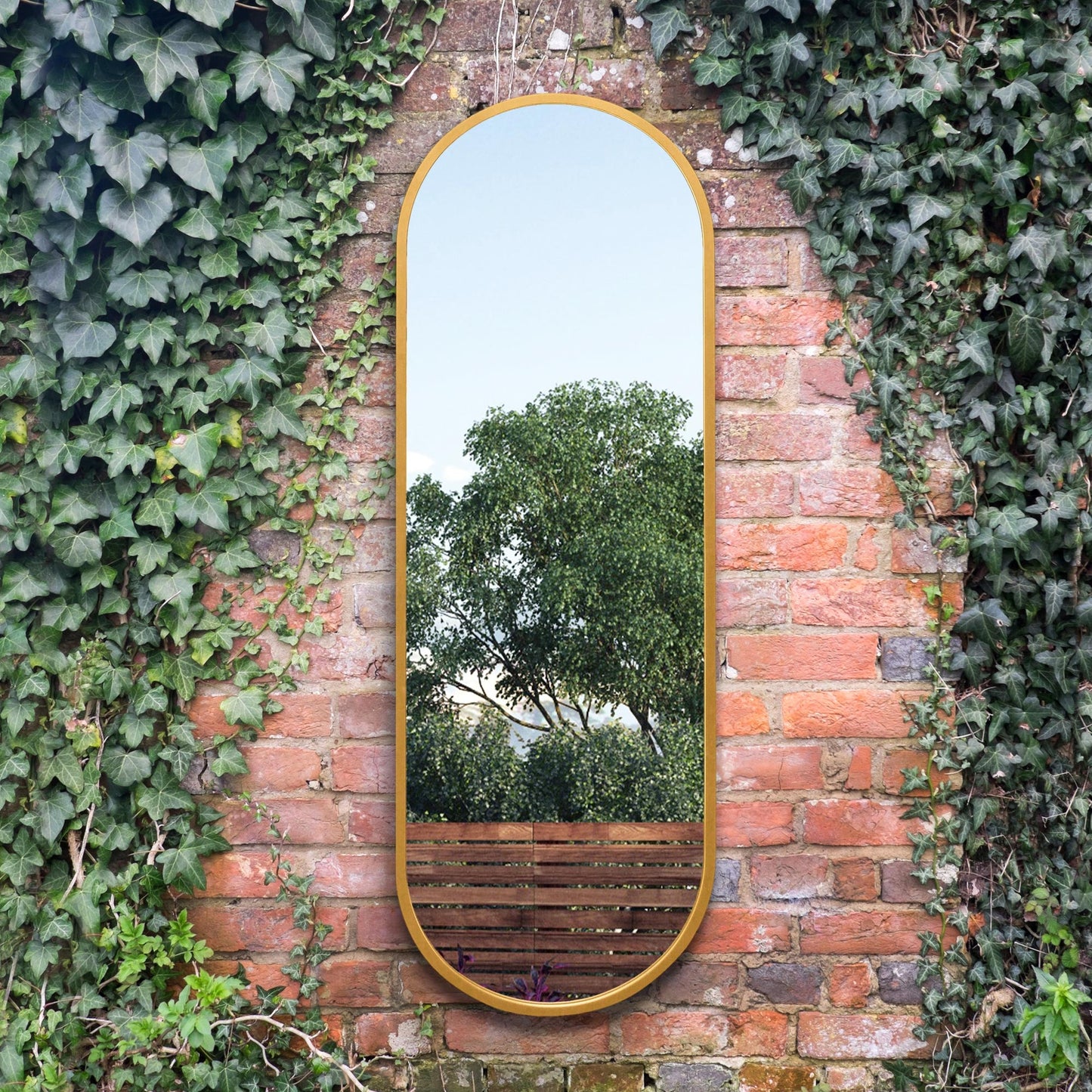 The Sadie - New Gold Metal Framed Double Arched Garden Wall Mirror 63 X 22 (160CM X 55CM) Suitable for Outside and Inside