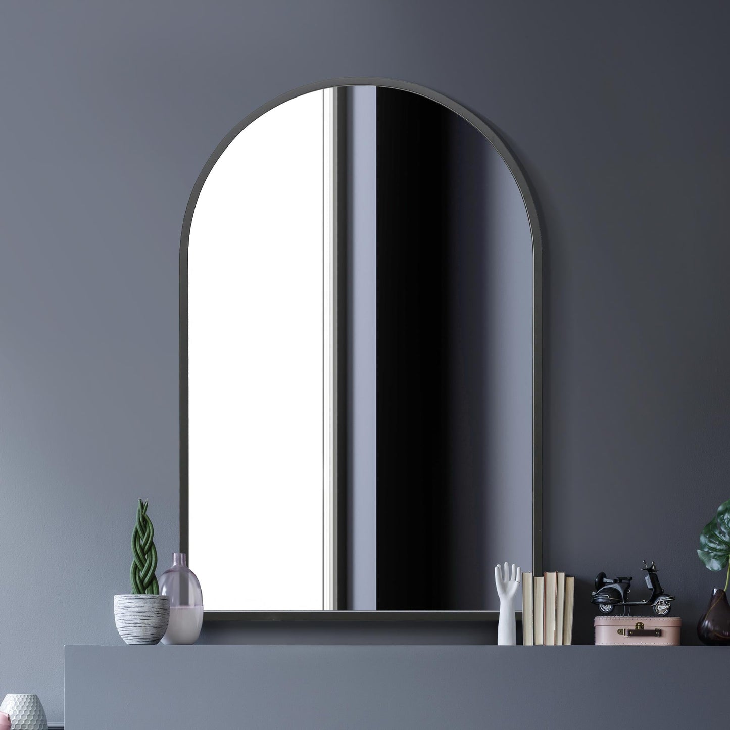 The Perry - Black Metal Framed Arched Wall Mirror 47 X 31 (120CM X 80CM). Suitable for Inside and Outside.