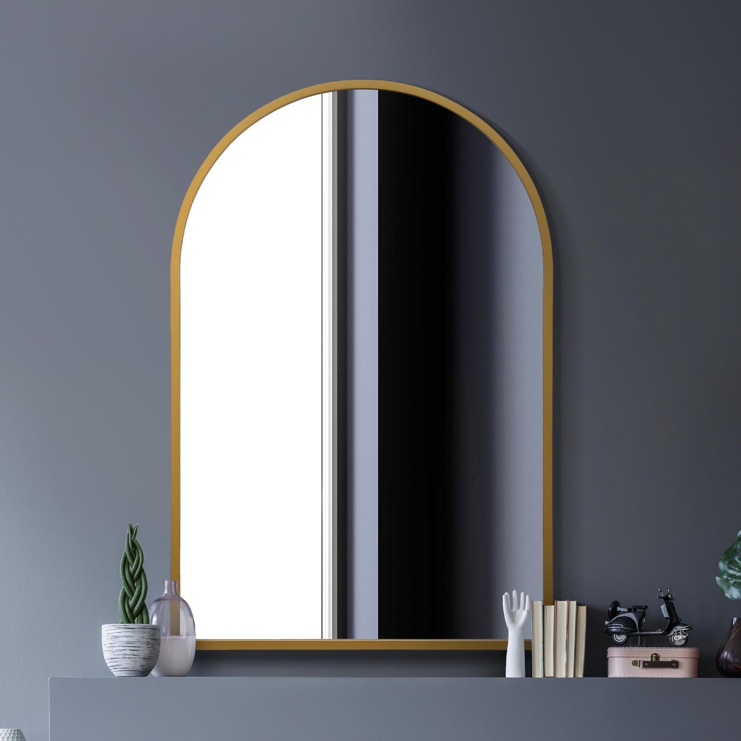 The Perry - Gold Metal Framed Arched Wall Mirror 47 X 31 (120CM X 80CM). Suitable for Inside and Outside.