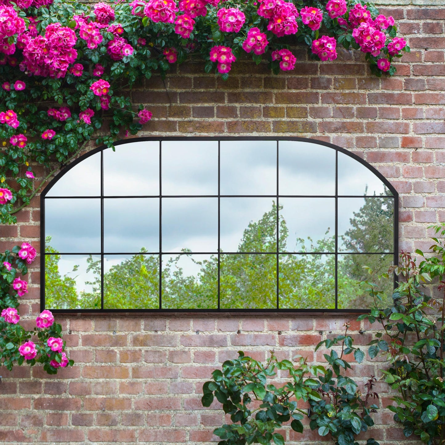 The Perry - Black Metal Framed Window Arched Garden Wall or Fence Mirror 69 X 33 (174CM X 85CM)