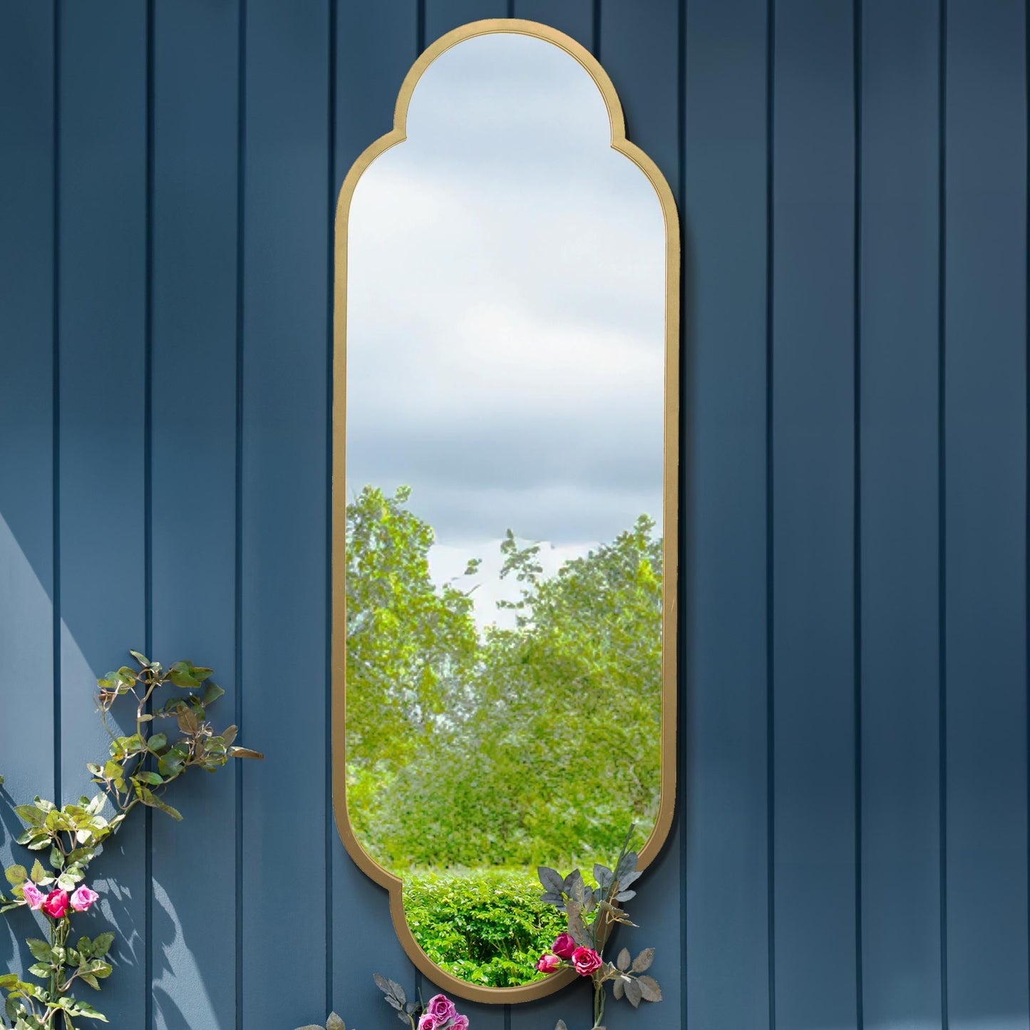 The Belle - New Gold Metal Framed Double Arched Oval Garden Wall Mirror 59 X 20 (150CM X 52CM)
