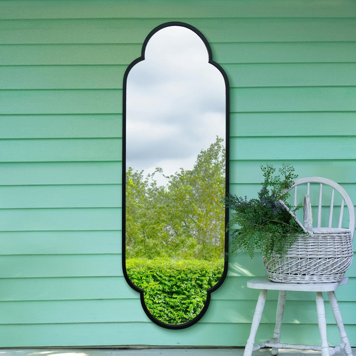 The Belle - New Black Metal Framed Double Arched Oval Garden Wall Mirror 67 X 23 (170CM X 59M)