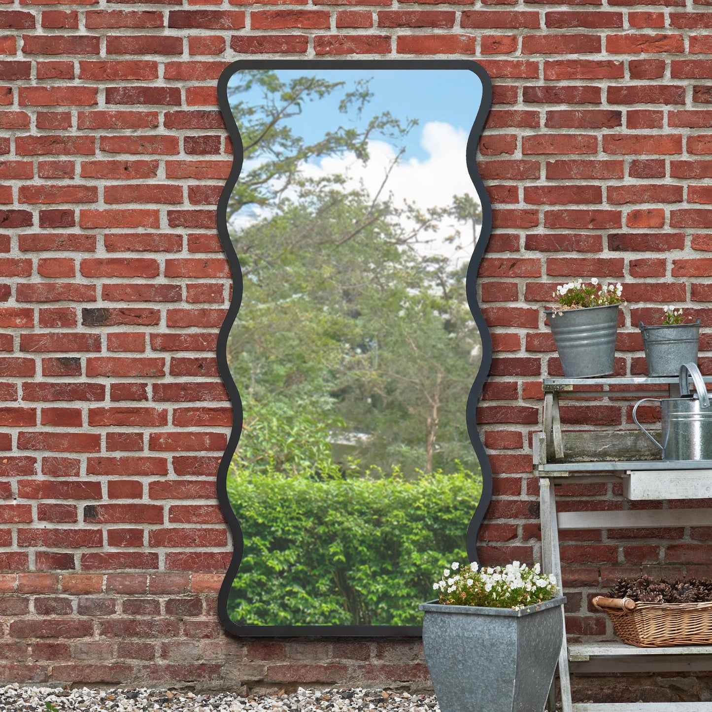 The Hunter - New Black Metal Rectangular Wavy Framed Garden Wall Mirror. Landscape or Portrait 67 X 31 (170CM X 80CM).