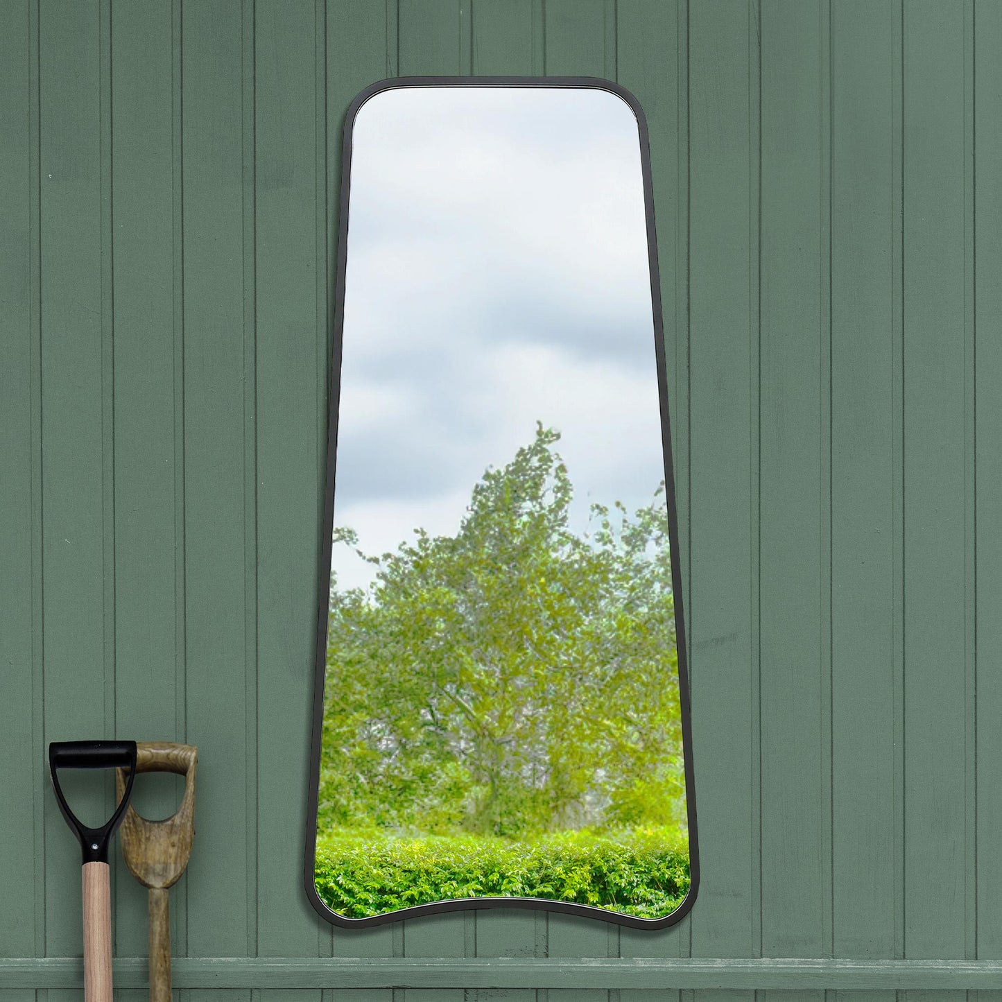 The Soula - New Black Metal Isoscelles Trapezoid Shape Framed Garden Wall Mirror with arched bottom. 48 X 23 (122CM X 58CM).