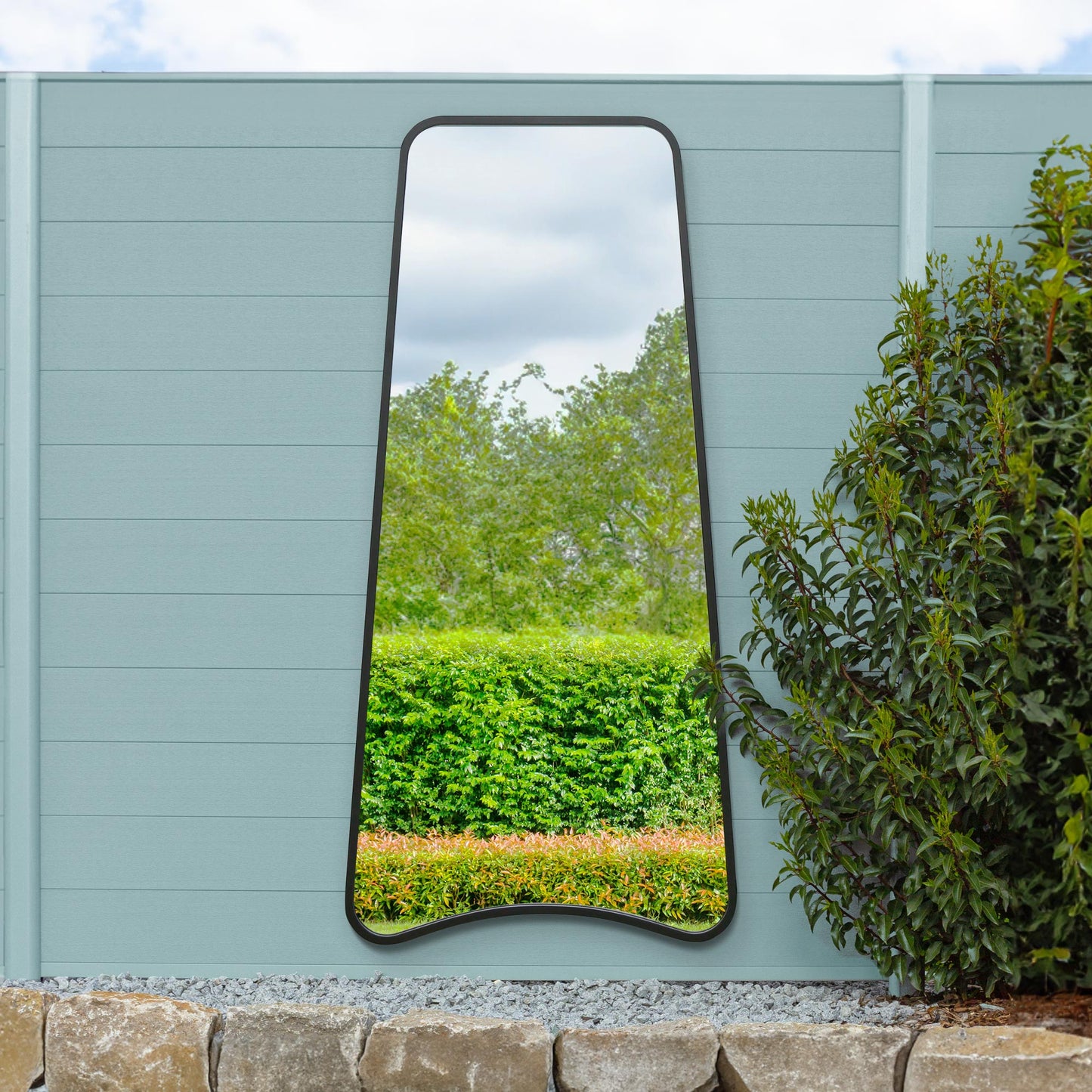 The Soula - New Black Metal Isoscelles Trapezoid Shape Framed Garden Wall Mirror with arched bottom. 71 X 34 (180CM X 85CM)