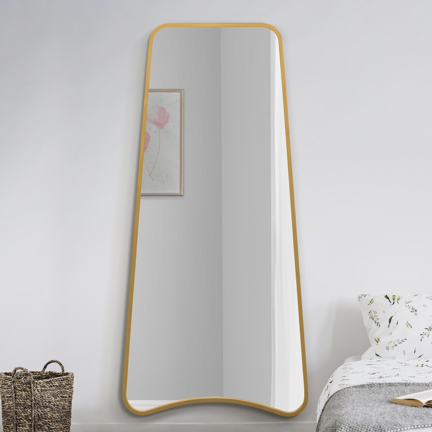 The Soula - New Gold Metal Isoscelles Trapezoid Shape Framed Wall Mirror with arched bottom. 71 X 34 (180CM X 85CM).
