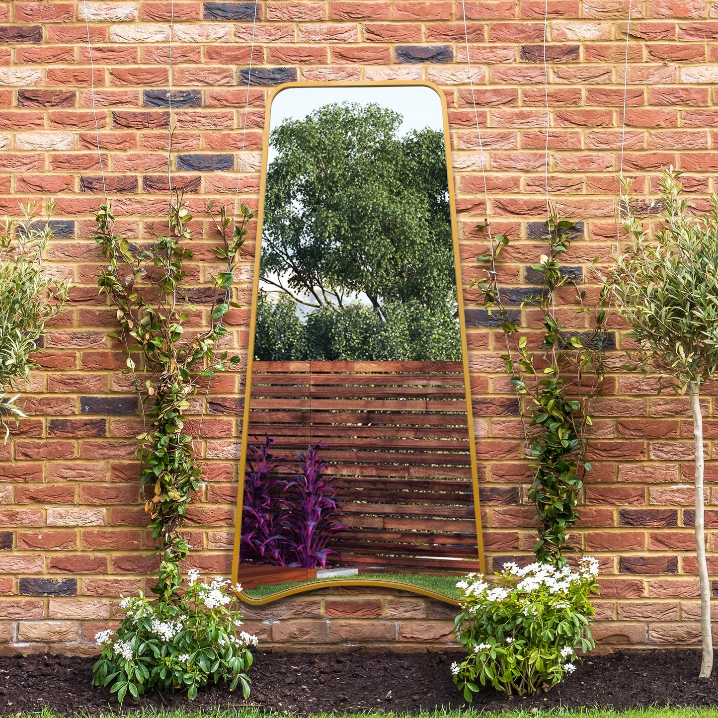 The Soula - New Gold Metal Isoscelles Trapezoid Shape Framed Garden Wall Mirror with arched bottom. 79 X 38 (200CM X 95CM)