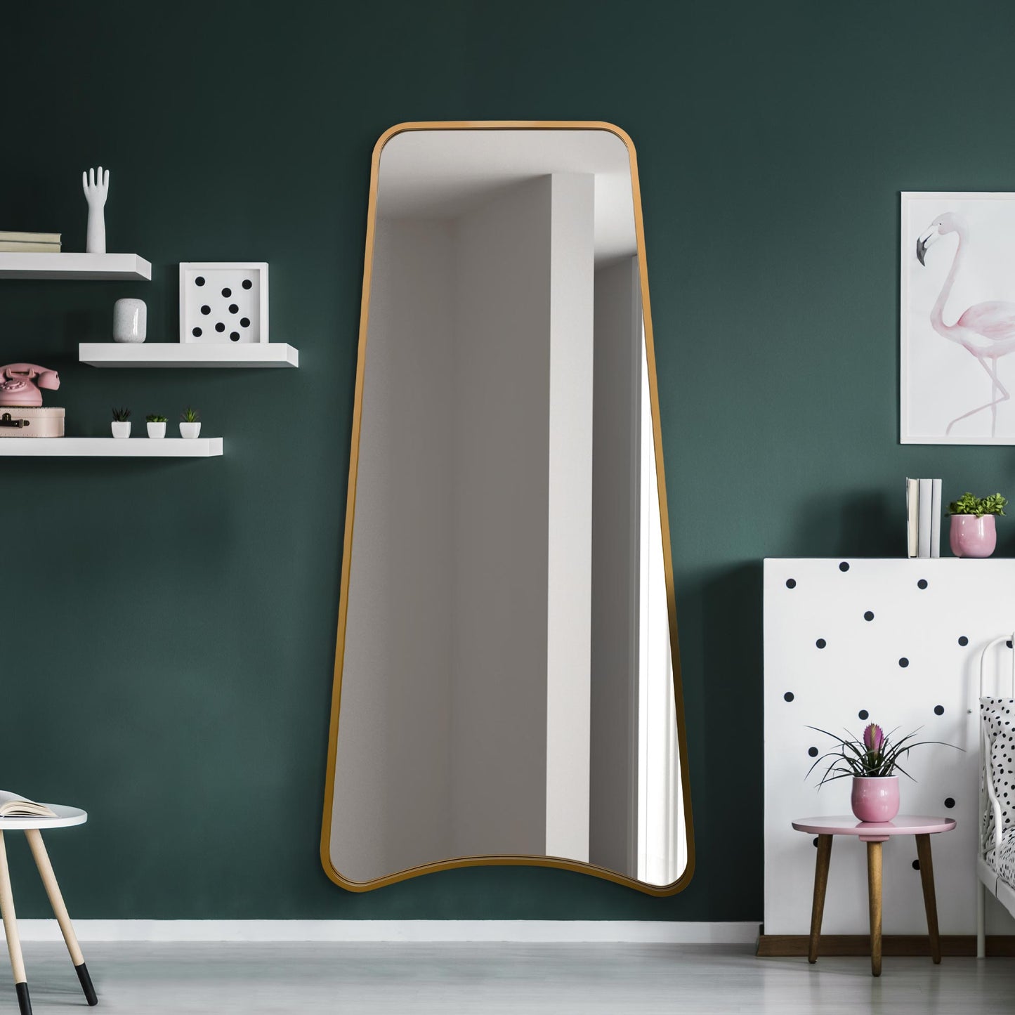 The Soula - New Gold Metal Isoscelles Trapezoid Shape Framed Wall Mirror with arched bottom. 79 X 38 (200CM X 95CM).