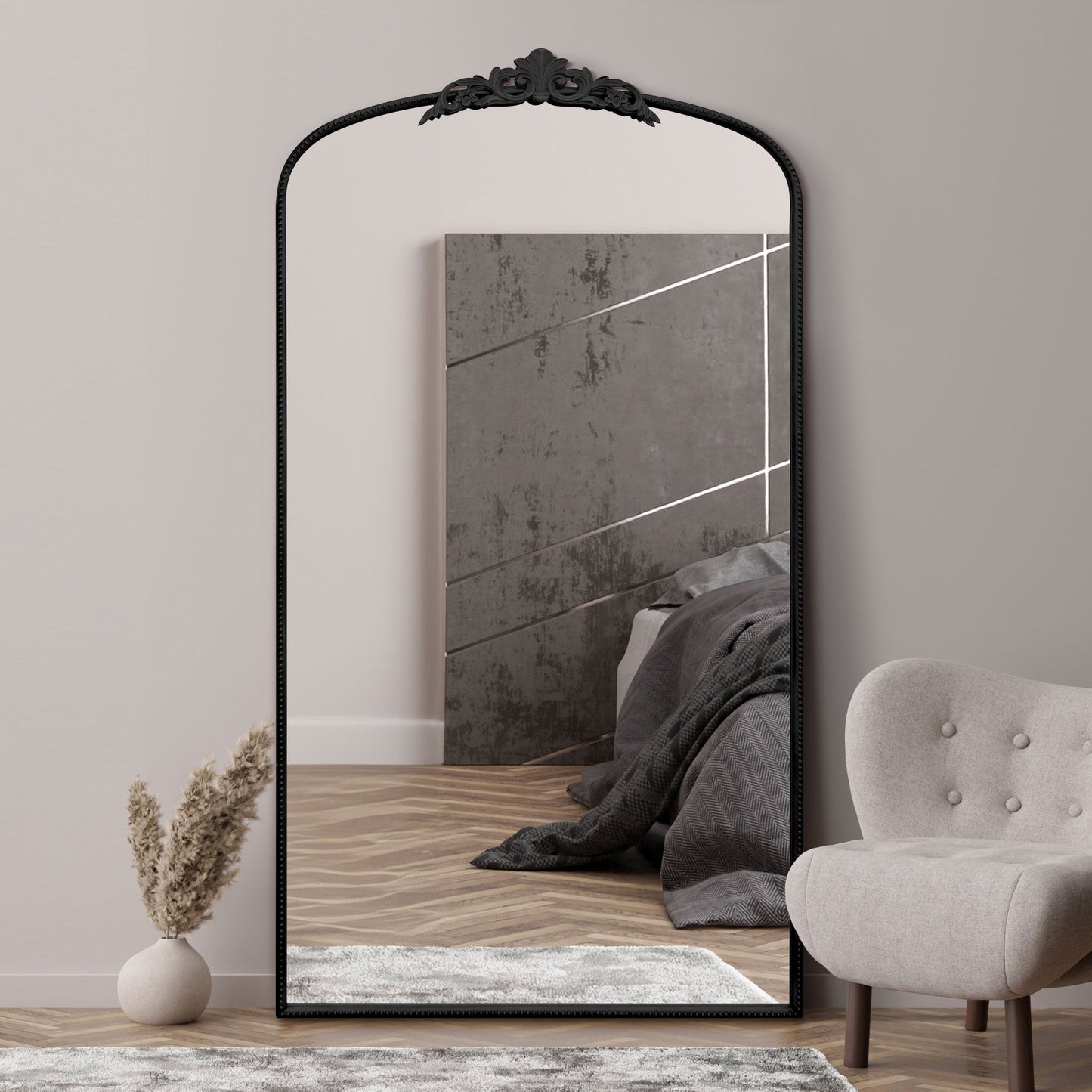 The Timo - Black Metal Framed Arched Wall Mirror with Decorative Timo 68 X 38 (174CM X 96CM)