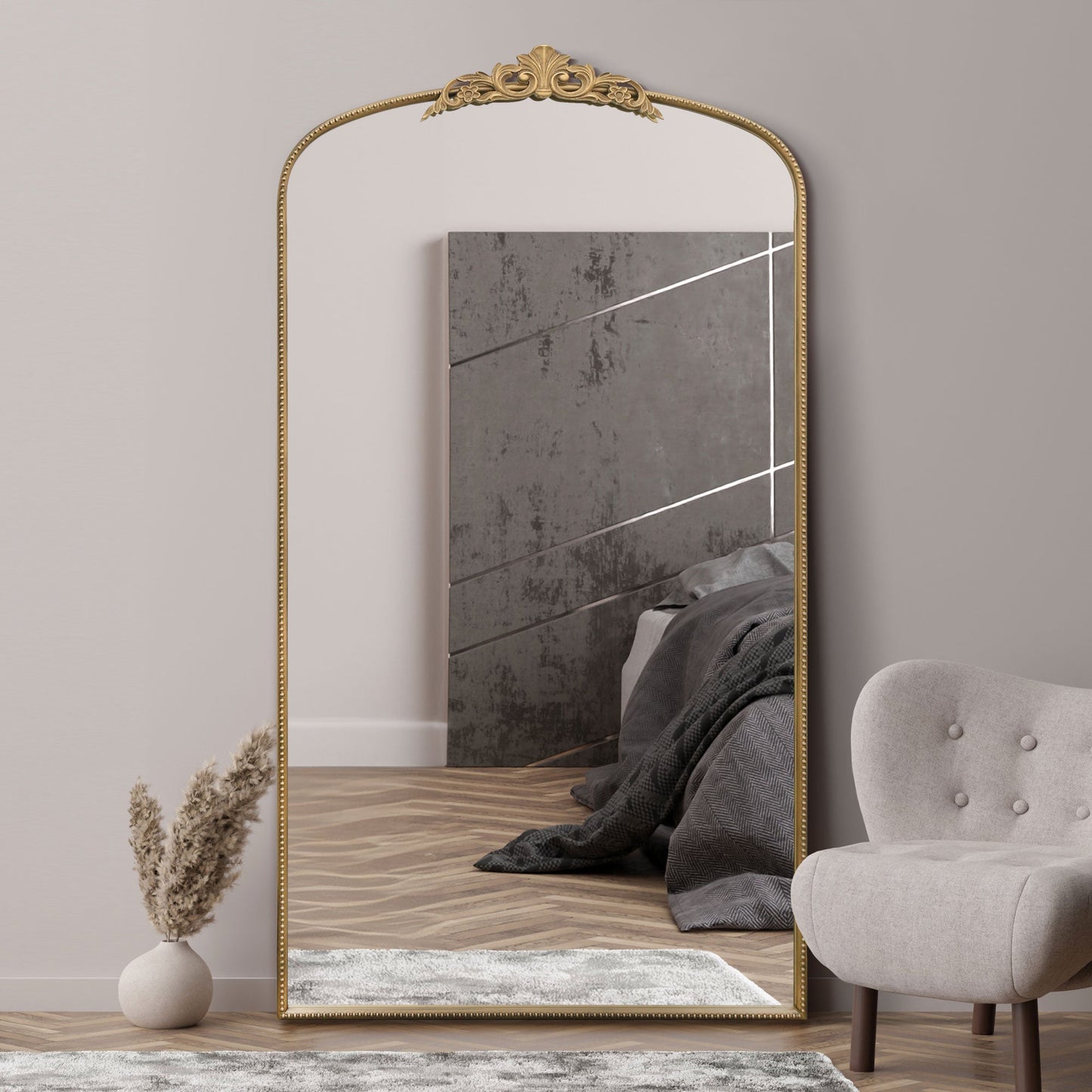 The Timo - Gold Metal Framed Arched Wall Mirror with Decorative Timo 68 X 38 (174CM X 96CM)