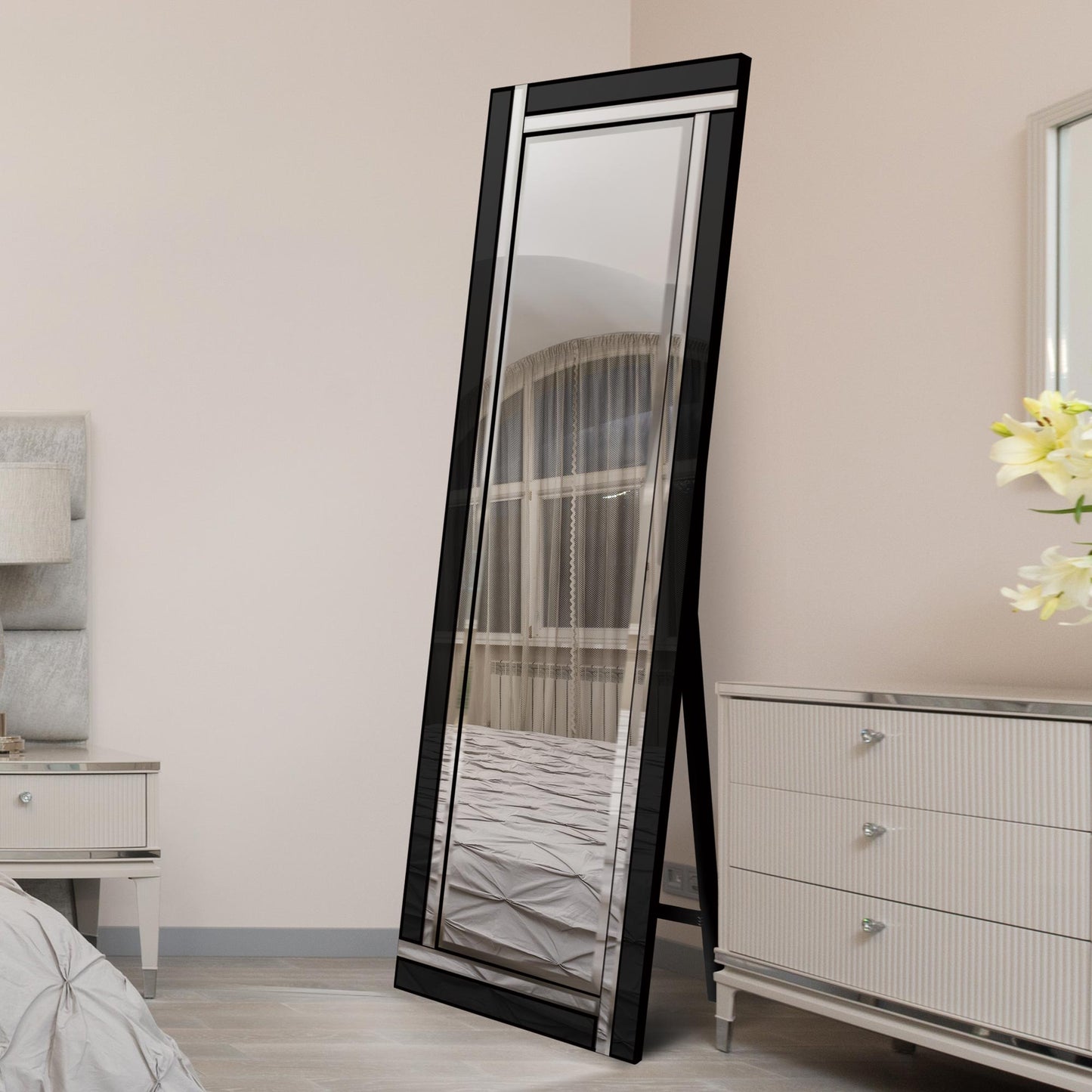 Black and Mirror Double Bevel Free Standing Cheval Dress Mirror 5ft7 x 1ft11 170cm x 58cm