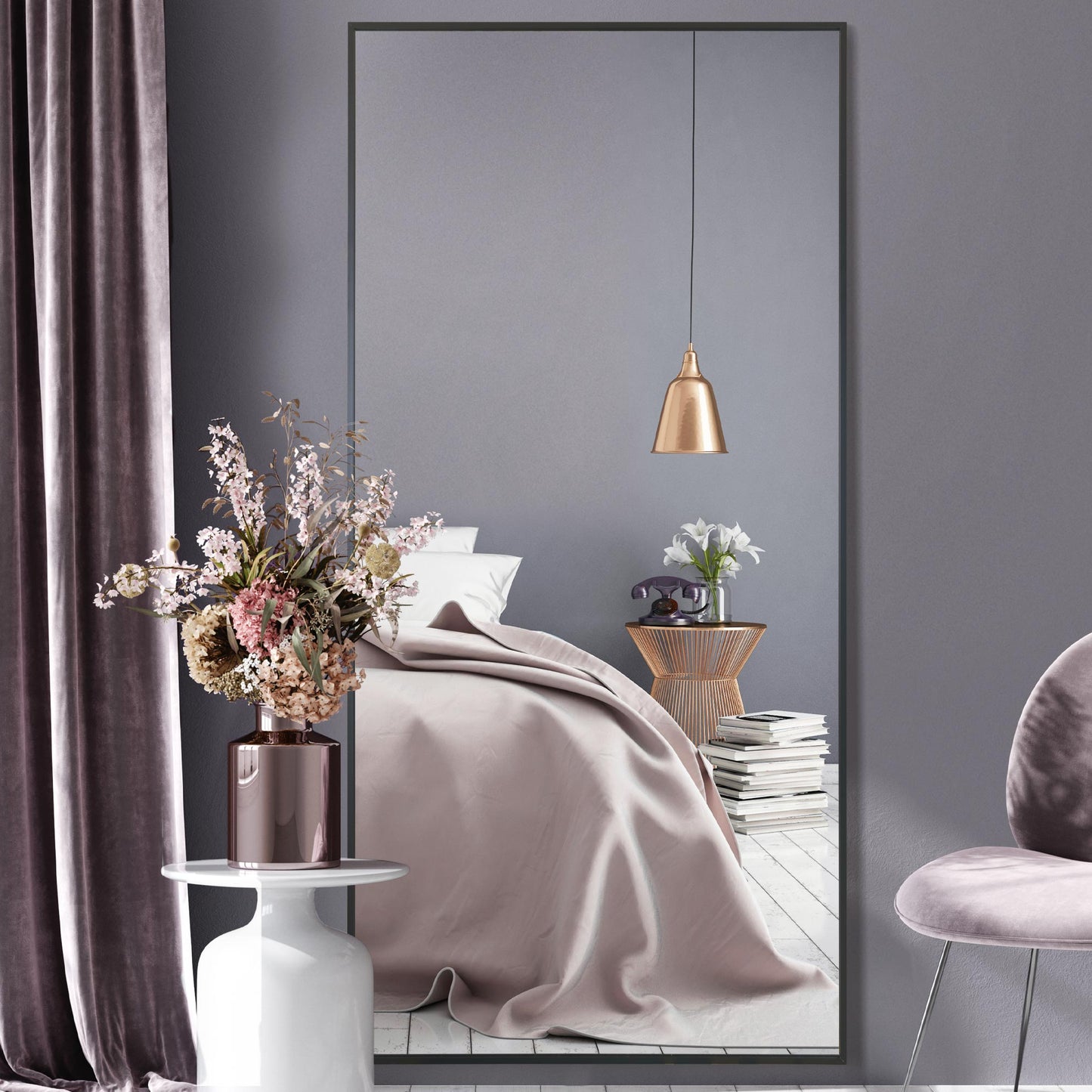 The Raya - Black Aluminium Edged Wall Leaner Mirror 68 X 33 (174CM X 85CM)