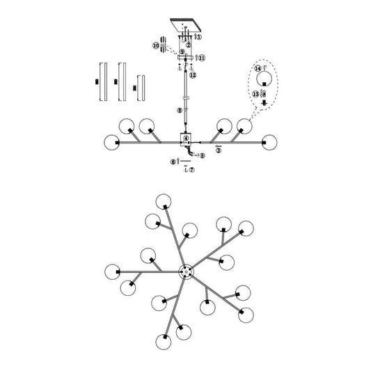 15-Light Modern Linear Sputnik Kitchen Island Light Branch Cluster Glass Globe Bubble Chandelier