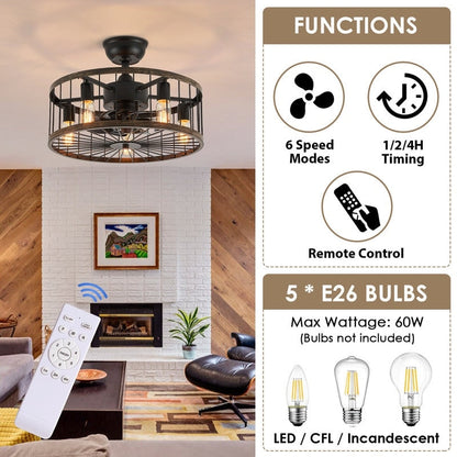 20 in. Low Profile Ceiling Fan Light Modern Farmhouse Wood Finish Caged Ceiling Fan with Light and Remote