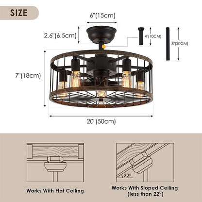 20 in. Low Profile Ceiling Fan Light Modern Farmhouse Wood Finish Caged Ceiling Fan with Light and Remote