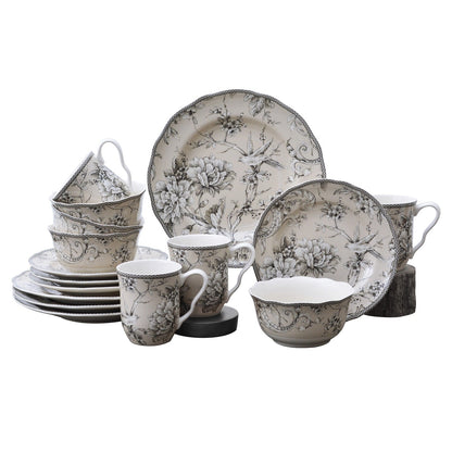 222 Fifth Adelaide 16-Piece Porcelain Dinnerware Set with Round Plates, Bowls, and Mugs, Antique White