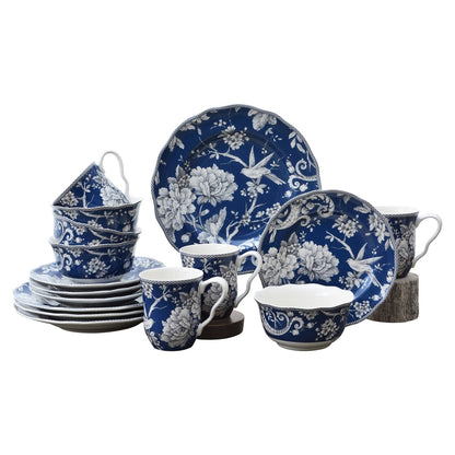 222 Fifth Adelaide 16-Piece Porcelain Dinnerware Set with Round Plates, Bowls, and Mugs, Dark Blue