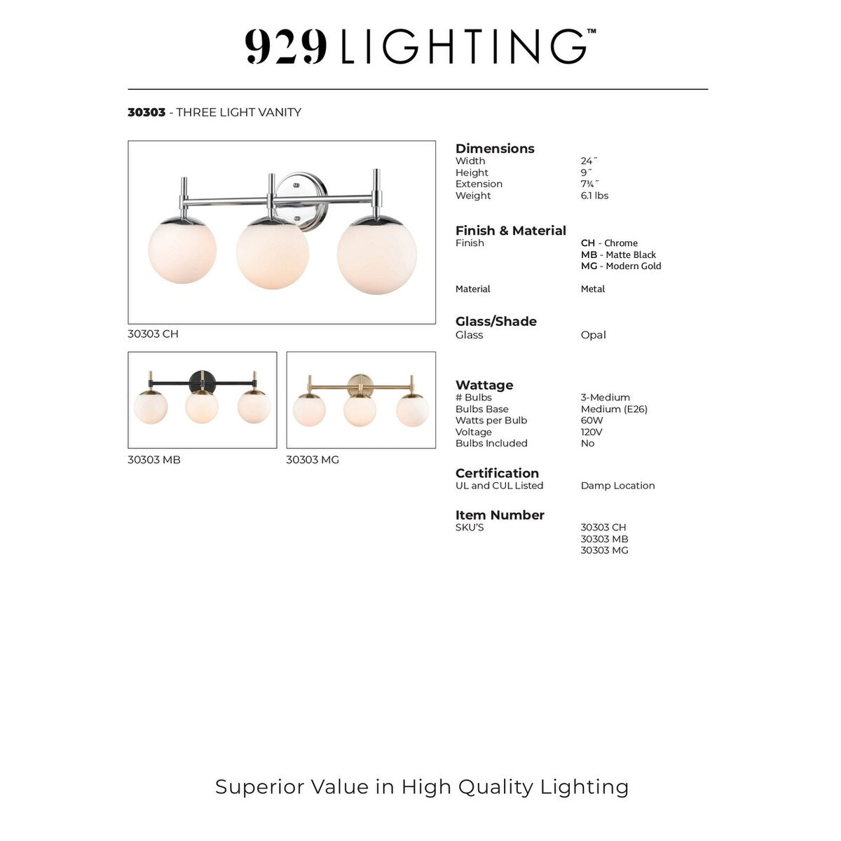 929 Lighting 3 Light Bathroom Vanity Fixture in Multiple Finishes with Opal Glass Shades