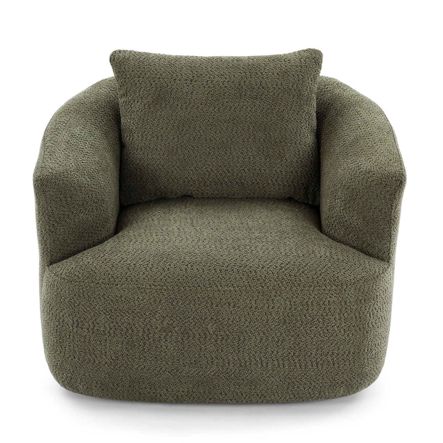 360° Swivel Chair, 38.2 Boucle Accent Chair with Throw Pillow, Upholstered Barrel Sofa Chair with Curved Armrests