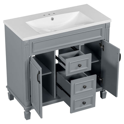 36'' Modern Bathroom Vanity with Top Sink and Mirror Cabinet,2 Doors and 2 Drawers