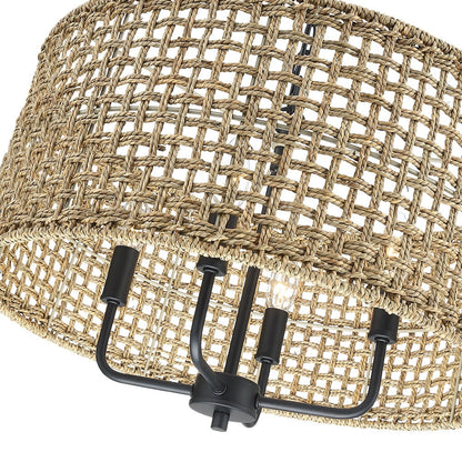 4-Light Bohemian Hand Woven Drum Chandelier - Straw - 20 in. W