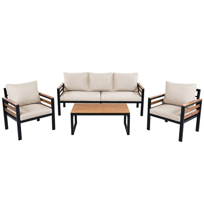 4-Piece Outdoor Sofa Set for 5 People with Removable Cushion & Solid Wood Coffee Table