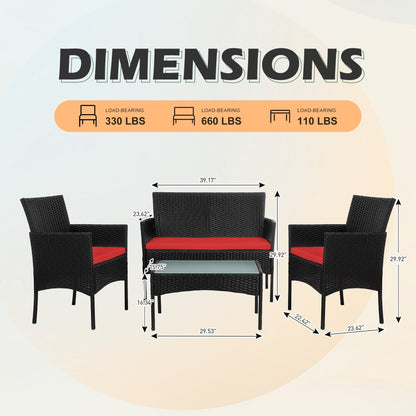 4 Piece Patio Conversation Wicker Furniture Set, Outdoor Rattan Sectional Furniture Set With Cushions