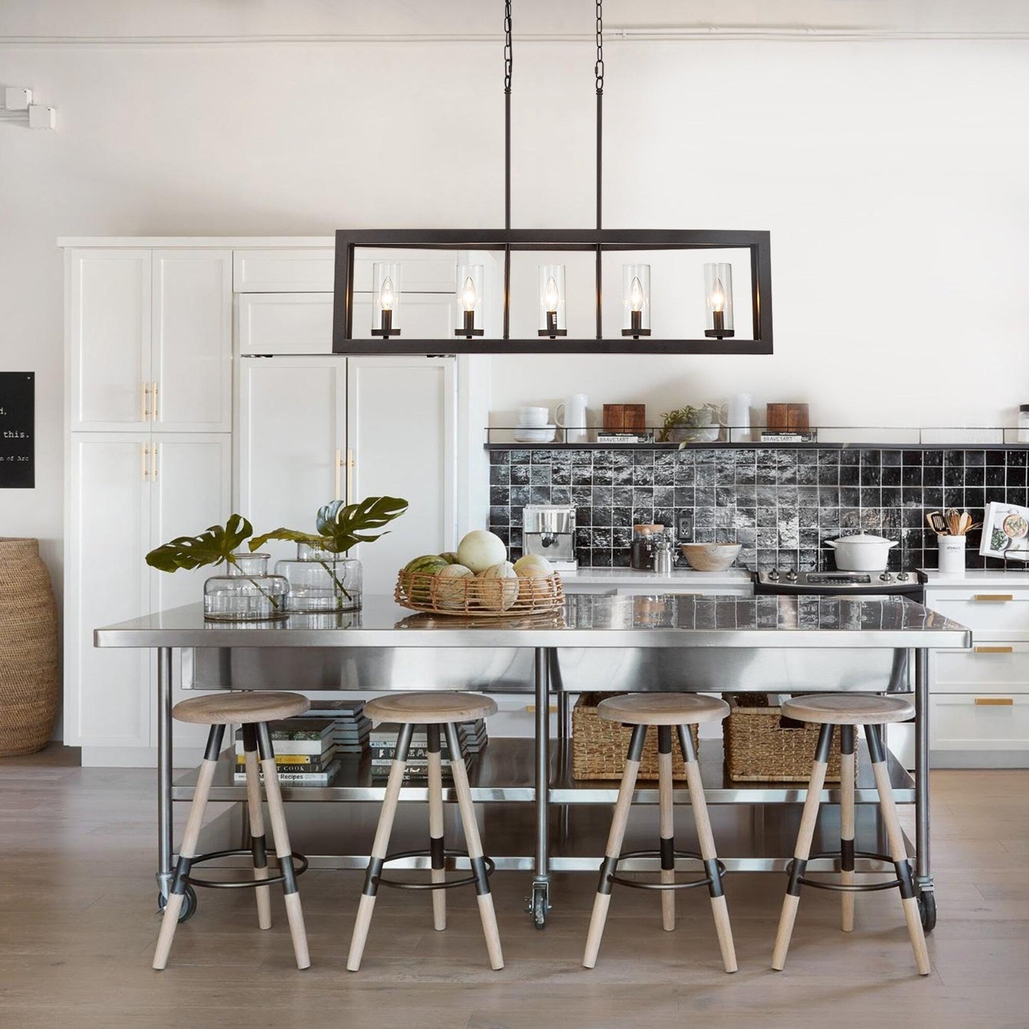 5-Light Modern Industrial Linear Chandelier for Dining Room Farmhouse Cylinder Clear Glass Chandelier Kitchen Island Lights