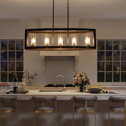 5-Light Mid-Century Modern Industrial Linear Kitchen Island Pendant Vintage Rectangle Glass Chandelier