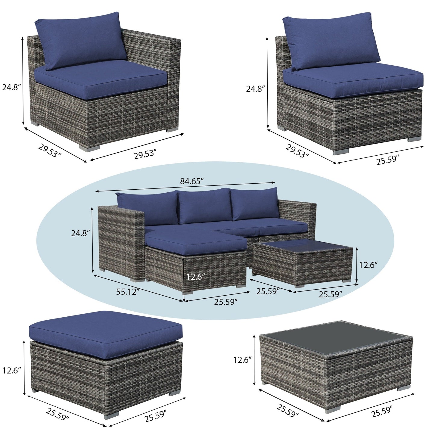 5-piece Outdoor Wicker Sectional Sofa Set with Cushions