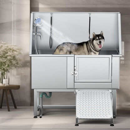 50'' W Stainless Steel Adjustable Pet Grooming Tub with Steps Ramp