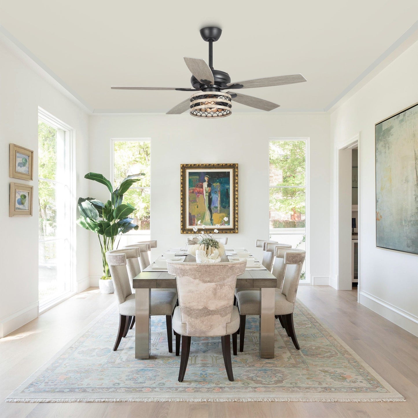 52 Farmhouse Driftwood 5-Blade Black Caged Ceiling Fan with Remote