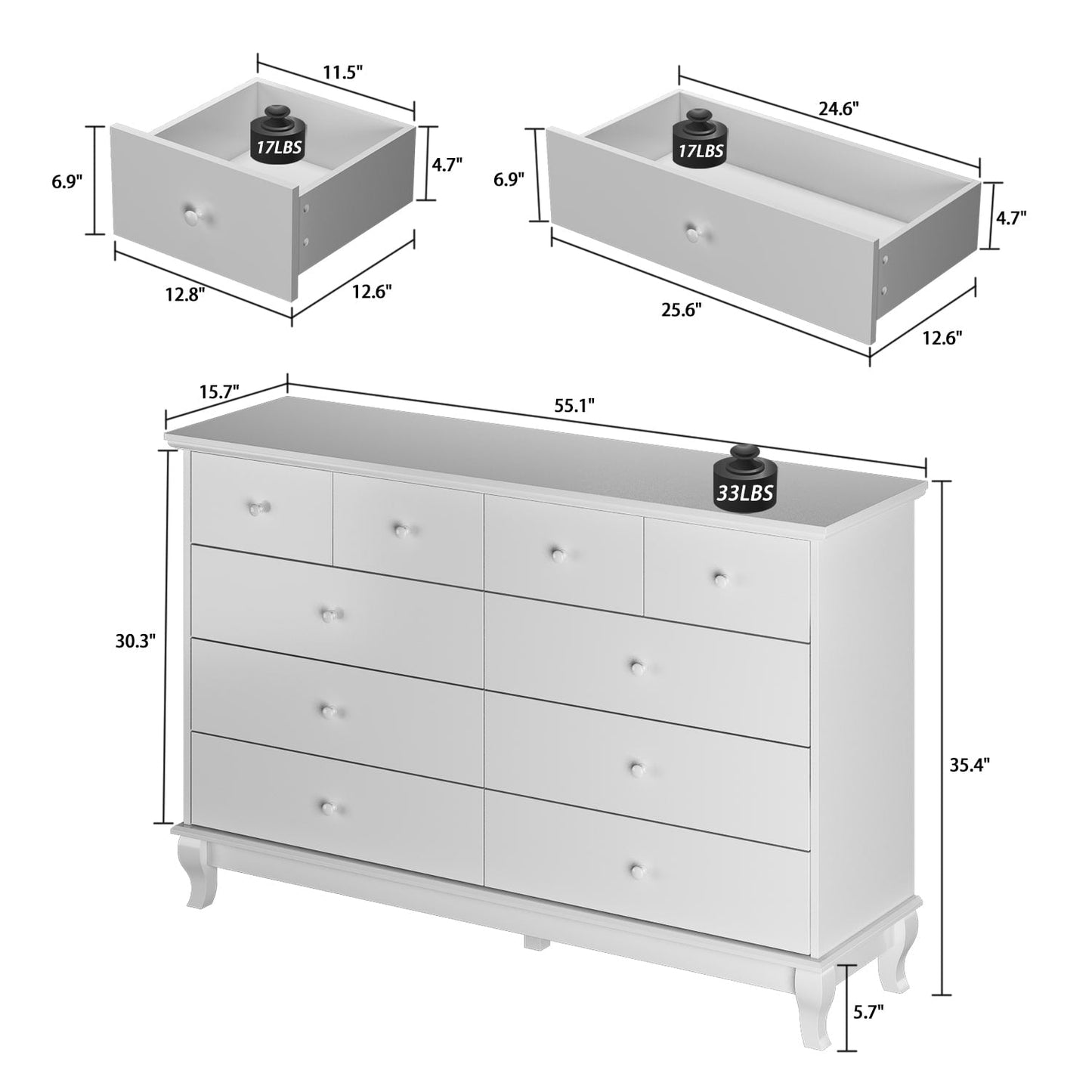 55.1 Wide Double Bedroom Dresser with Storage Drawers