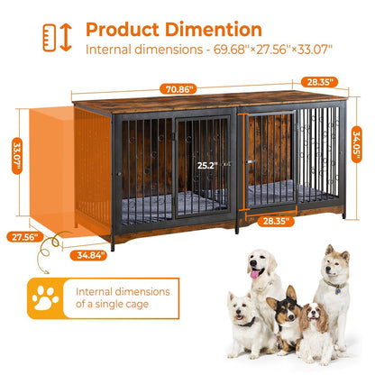 70.86'' Dog Crate Furniture Large Breed TV Stand with Cushion & Double Rooms (No Cushion)