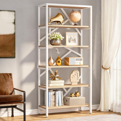 71 Industrial Bookshelf, 6 Tier Rustic Brown Wood Etagere Bookcase, Open Book Shelves