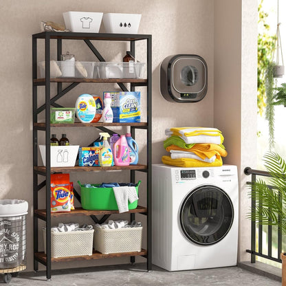 71 Industrial Bookshelf, 6 Tier Rustic Brown Wood Etagere Bookcase, Open Book Shelves