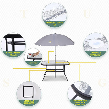 8-Piece Patio Dining Set, Garden Outdoor Table Set with Removable Umbrella, Glass Table, and 6 Folding Chairs