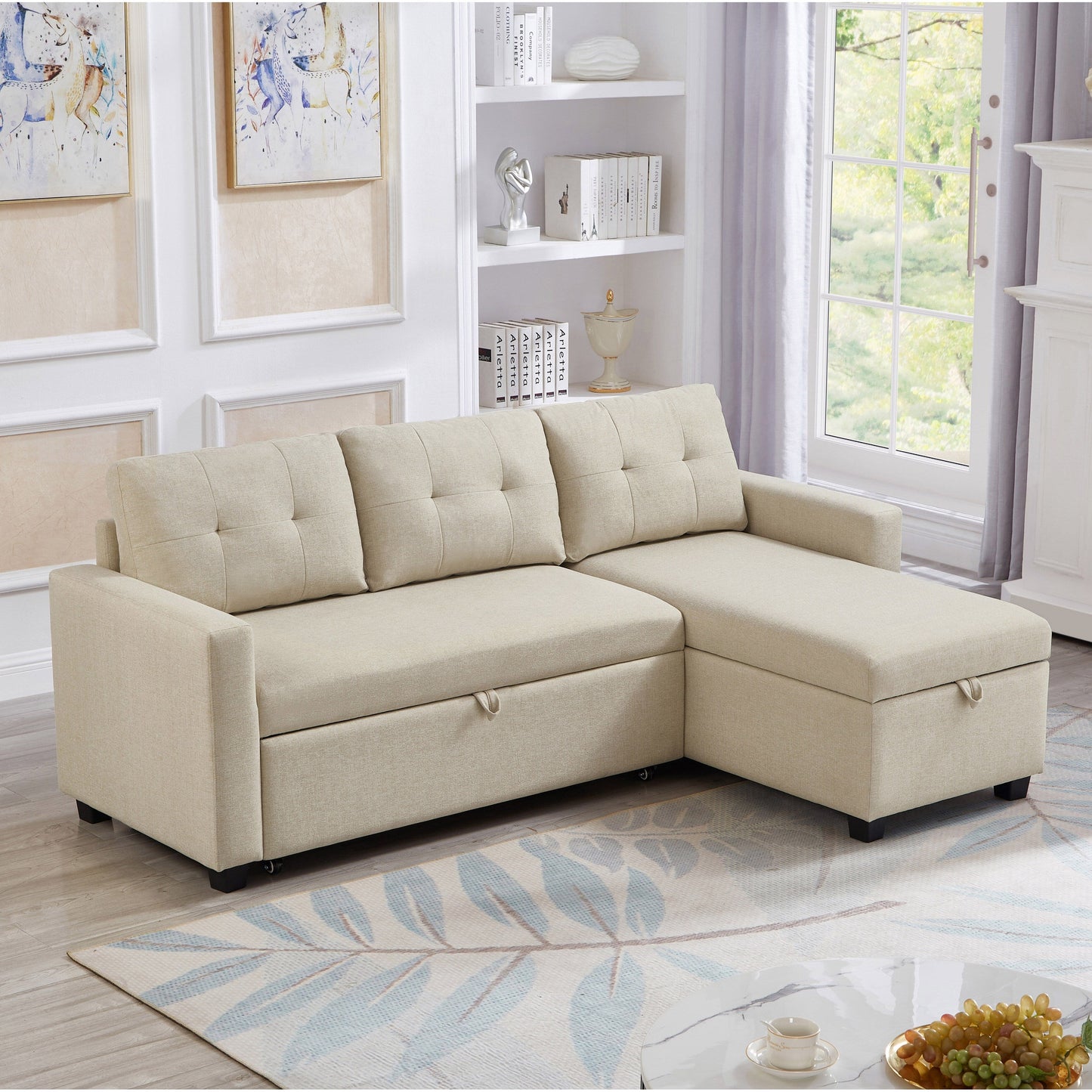 81.5'' Upholstered Convertible 3 Seater Sleeper Sofa with Pull-Out Bed, Reversible Storage Chaise, and Back Cushions