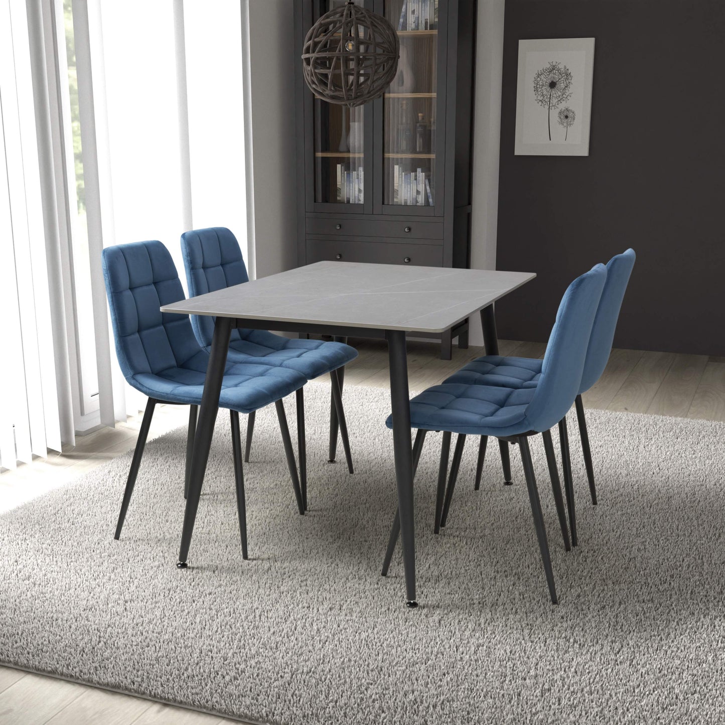 Stockholm Grey Dining Table with 4 Blue Loft Dining Chairs