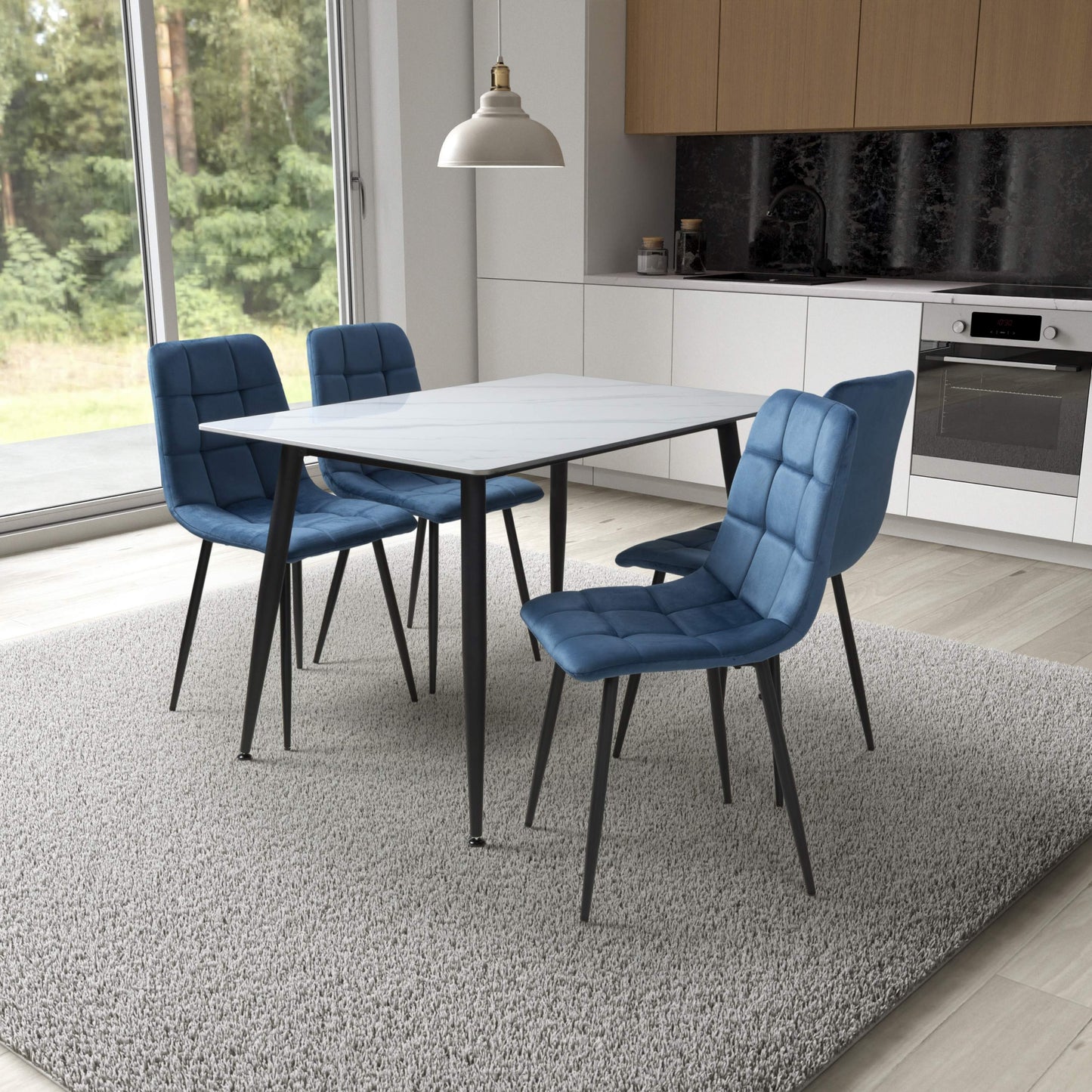 Stockholm White Dining Table with 4 Blue Loft Dining Chairs